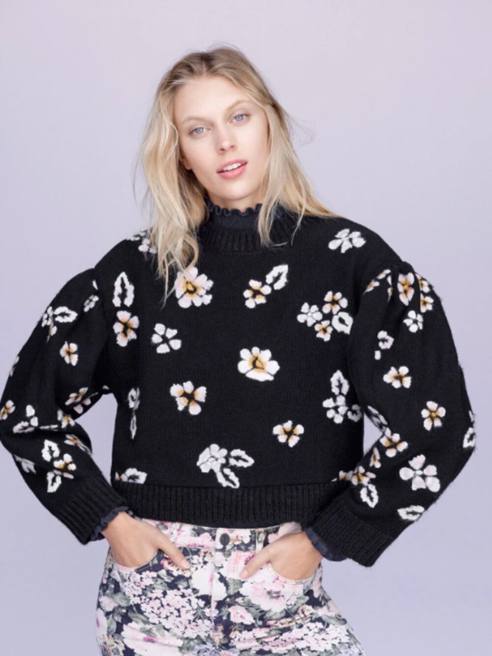 Rebecca Taylor Black Floral Crewneck Sweater Wool Blend Puff Sleeve Size Large